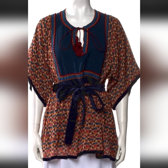Talitha Tops - Talitha Multicolor Patterned‎ Blouse with Tie Waist